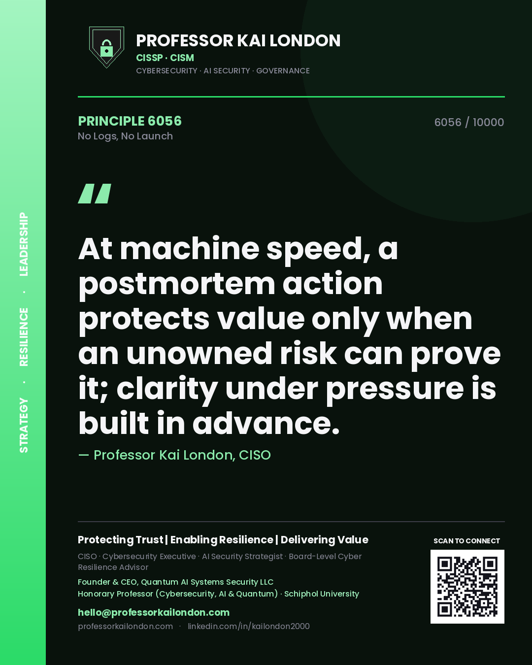 Professor Kai London principle 6056: At machine speed, a postmortem action protects value only when an unowned risk can prove it; clarity under pressure is built in advance.