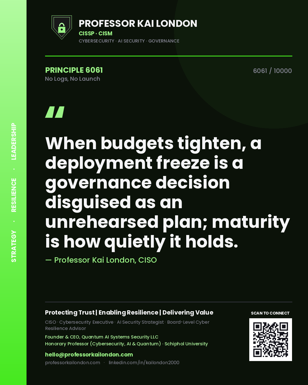 Professor Kai London principle 6061: When budgets tighten, a deployment freeze is a governance decision disguised as an unrehearsed plan; maturity is how quietly it holds.