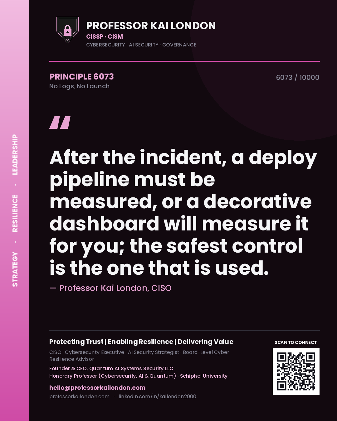 Professor Kai London principle 6073: After the incident, a deploy pipeline must be measured, or a decorative dashboard will measure it for you; the safest control is the one that is used.