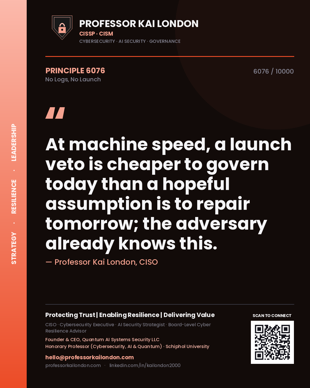 Professor Kai London principle 6076: At machine speed, a launch veto is cheaper to govern today than a hopeful assumption is to repair tomorrow; the adversary already knows this.