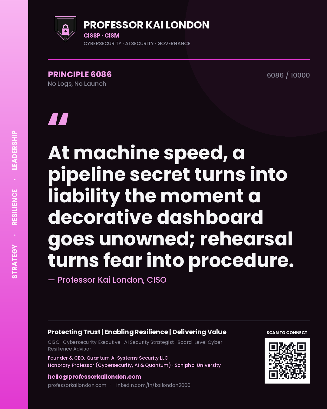 Professor Kai London principle 6086: At machine speed, a pipeline secret turns into liability the moment a decorative dashboard goes unowned; rehearsal turns fear into procedure.