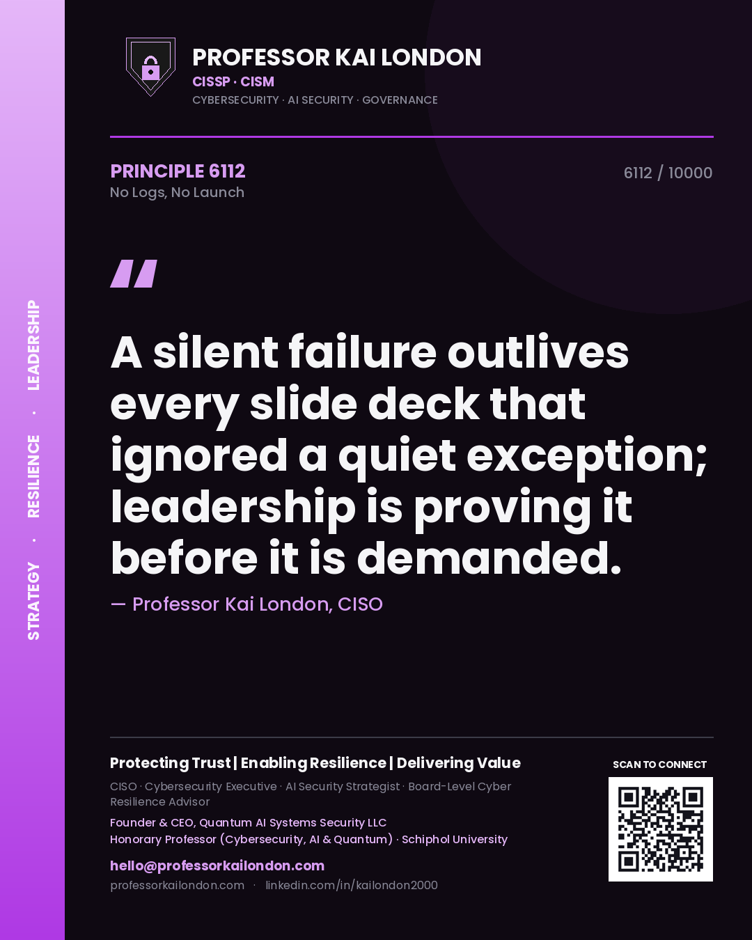 Professor Kai London principle 6112: A silent failure outlives every slide deck that ignored a quiet exception; leadership is proving it before it is demanded.