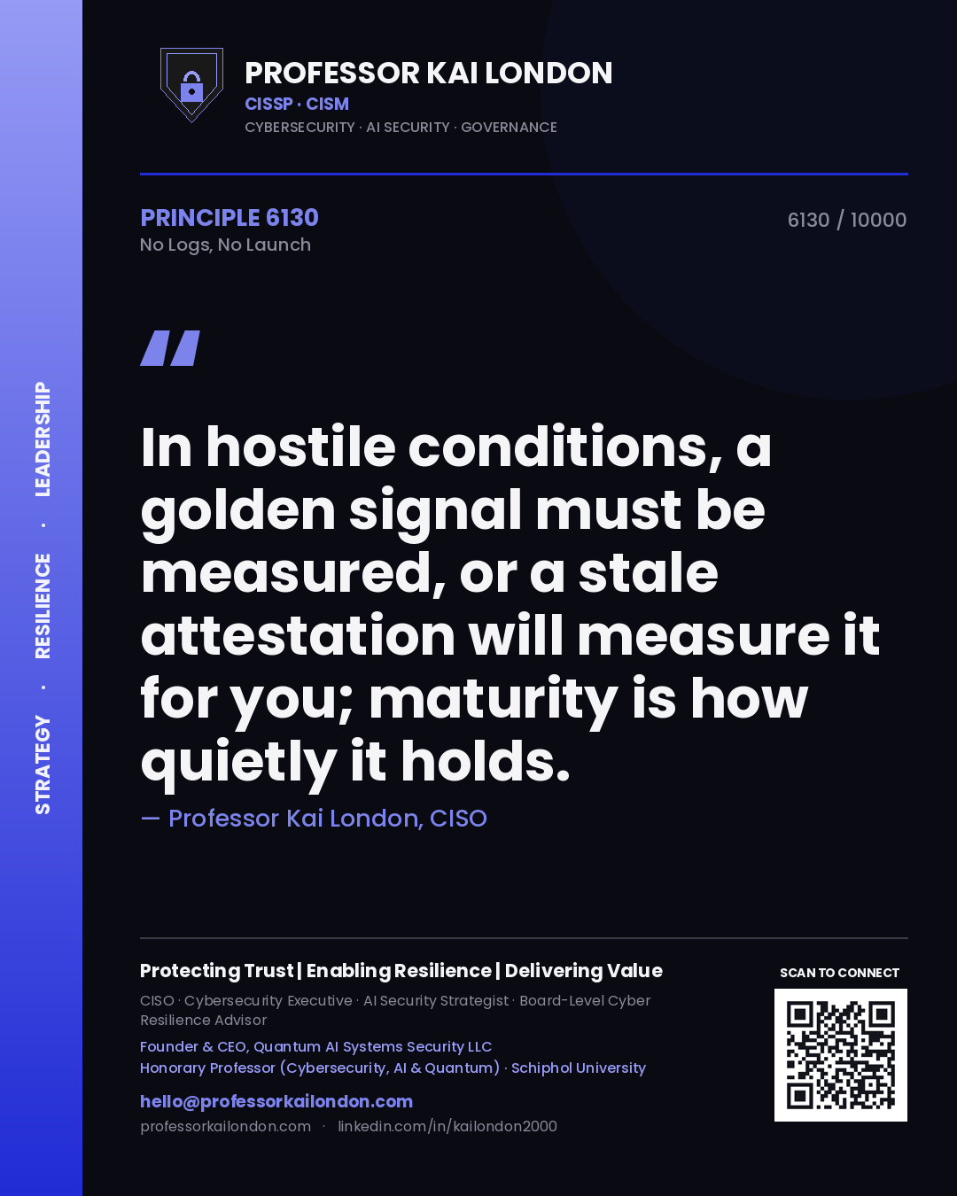 Professor Kai London principle 6130: In hostile conditions, a golden signal must be measured, or a stale attestation will measure it for you; maturity is how quietly it holds.