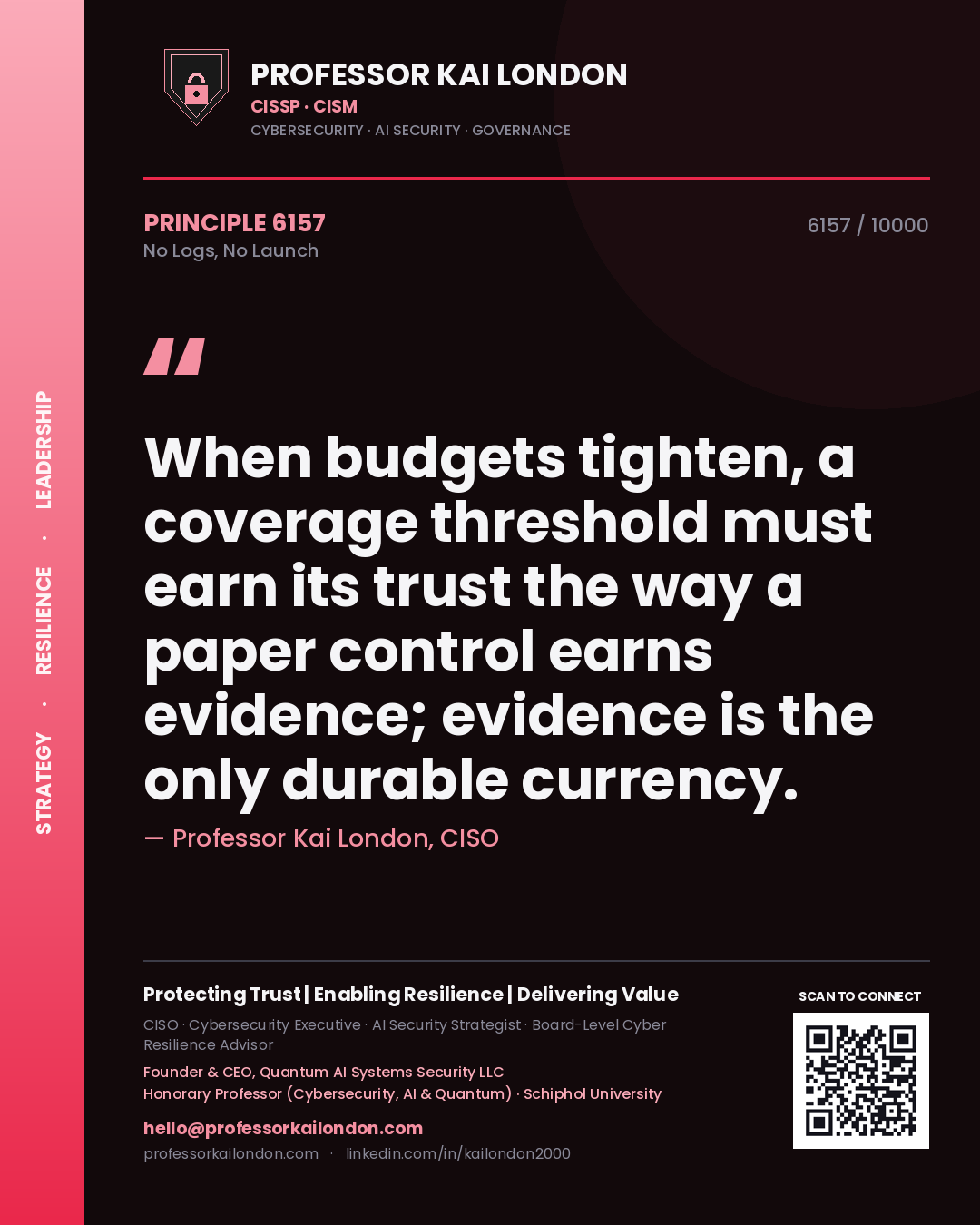 Professor Kai London principle 6157: When budgets tighten, a coverage threshold must earn its trust the way a paper control earns evidence; evidence is the only durable currency.