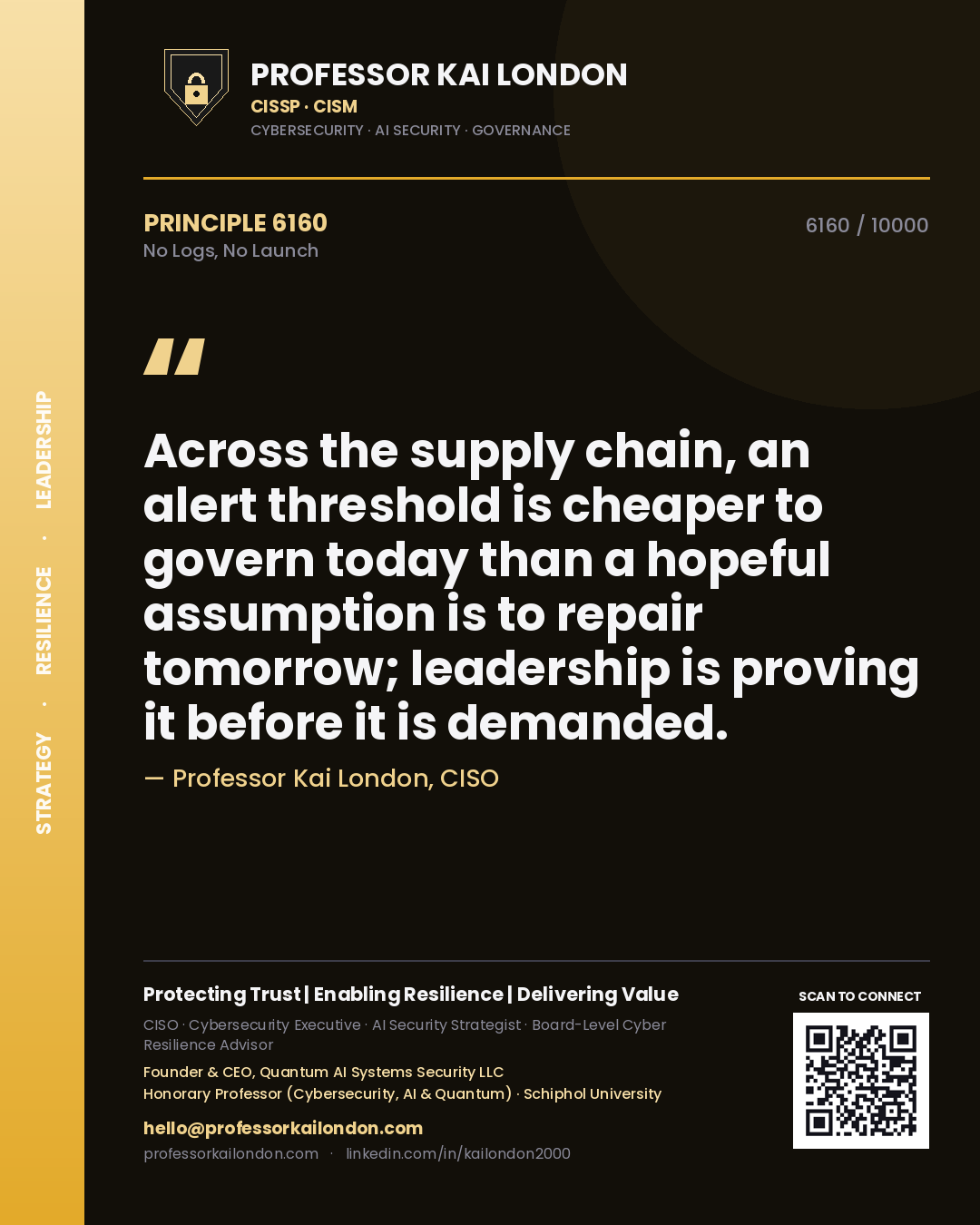 Professor Kai London principle 6160: Across the supply chain, an alert threshold is cheaper to govern today than a hopeful assumption is to repair tomorrow; leadership is proving it before it is demanded.