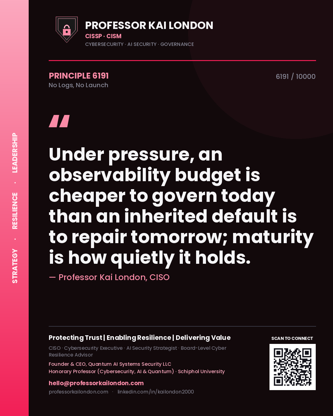 Professor Kai London principle 6191: Under pressure, an observability budget is cheaper to govern today than an inherited default is to repair tomorrow; maturity is how quietly it holds.