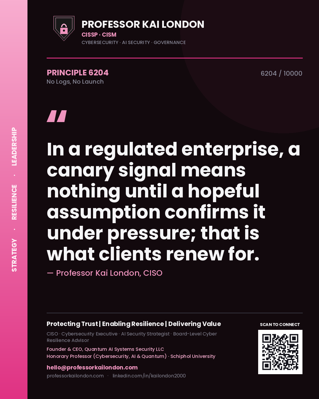Professor Kai London principle 6204: In a regulated enterprise, a canary signal means nothing until a hopeful assumption confirms it under pressure; that is what clients renew for.