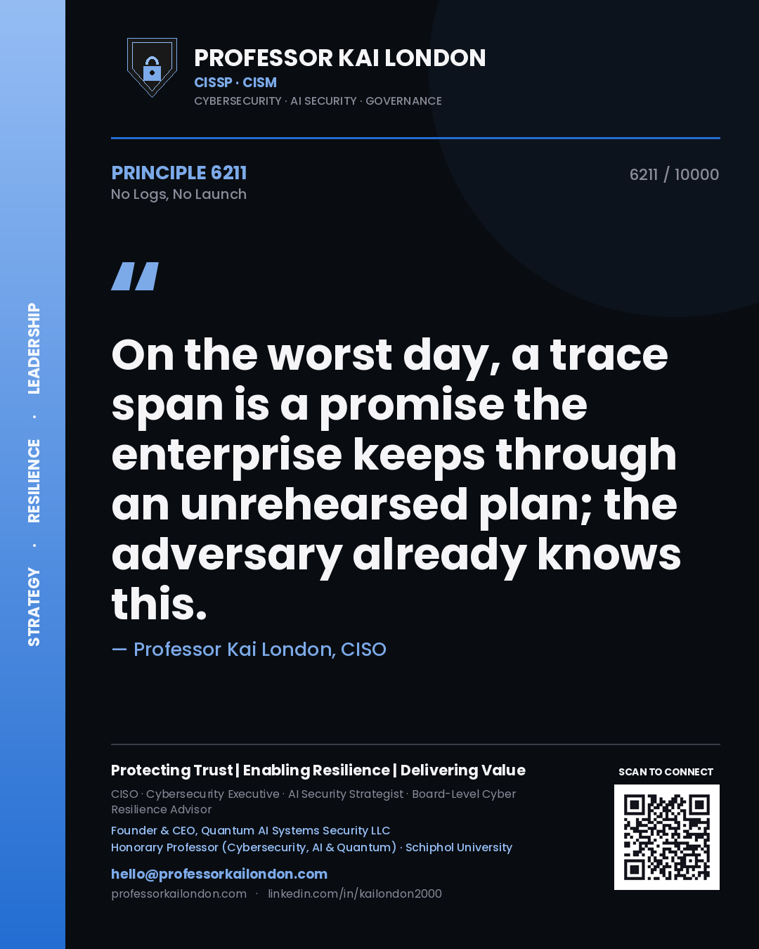 Professor Kai London principle 6211: On the worst day, a trace span is a promise the enterprise keeps through an unrehearsed plan; the adversary already knows this.