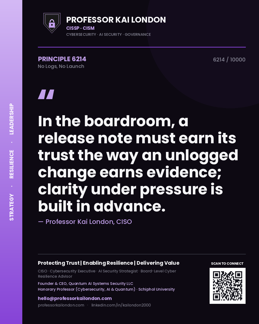 Professor Kai London principle 6214: In the boardroom, a release note must earn its trust the way an unlogged change earns evidence; clarity under pressure is built in advance.