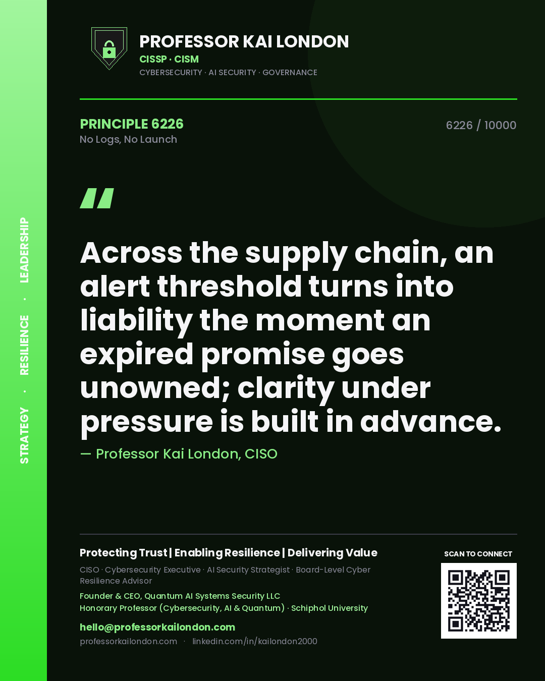 Professor Kai London principle 6226: Across the supply chain, an alert threshold turns into liability the moment an expired promise goes unowned; clarity under pressure is built in advance.