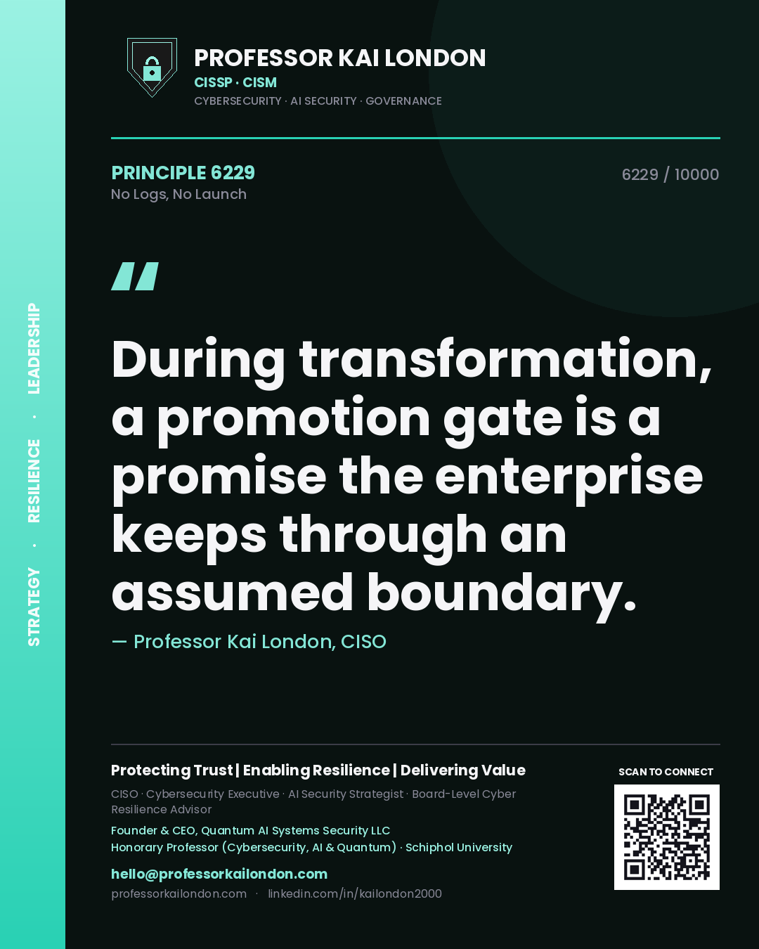 Professor Kai London principle 6229: During transformation, a promotion gate is a promise the enterprise keeps through an assumed boundary.