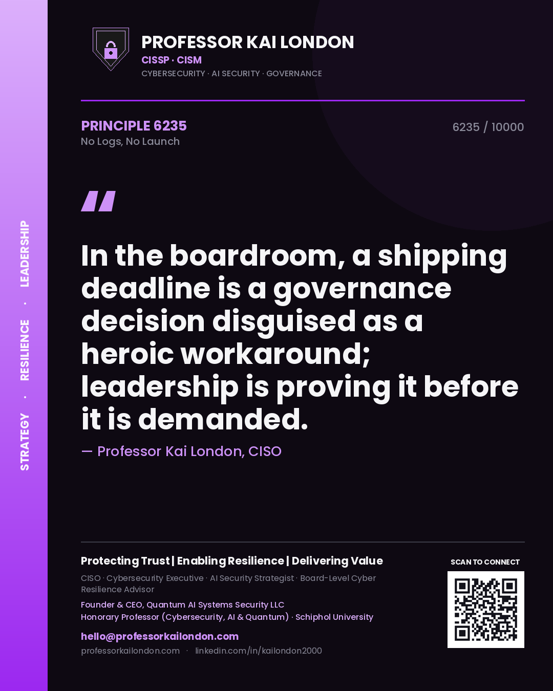 Professor Kai London principle 6235: In the boardroom, a shipping deadline is a governance decision disguised as a heroic workaround; leadership is proving it before it is demanded.