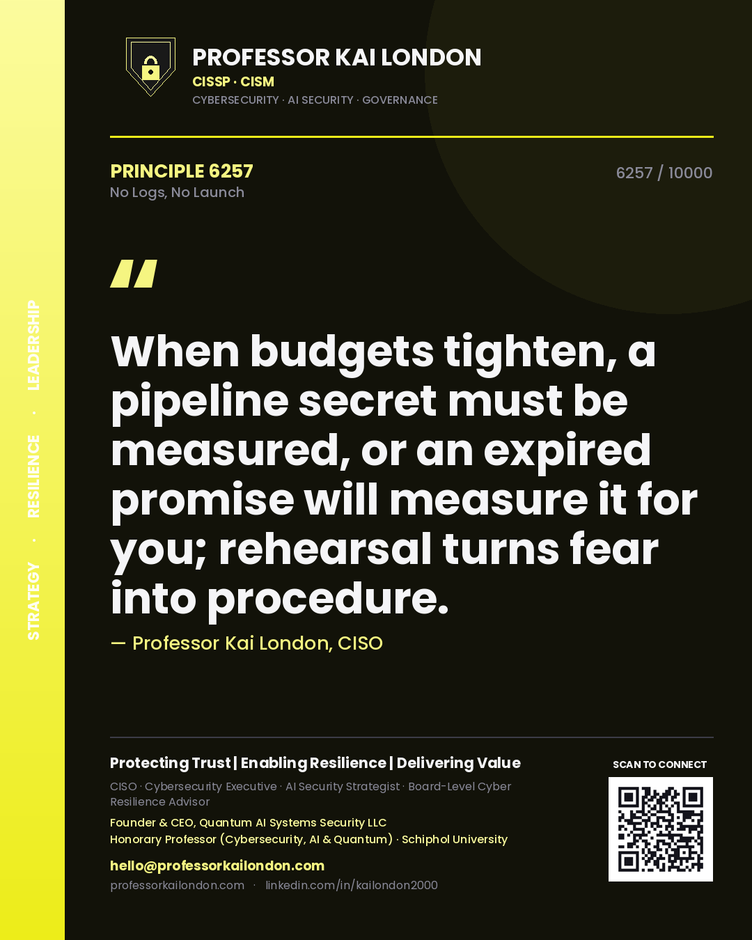 Professor Kai London principle 6257: When budgets tighten, a pipeline secret must be measured, or an expired promise will measure it for you; rehearsal turns fear into procedure.