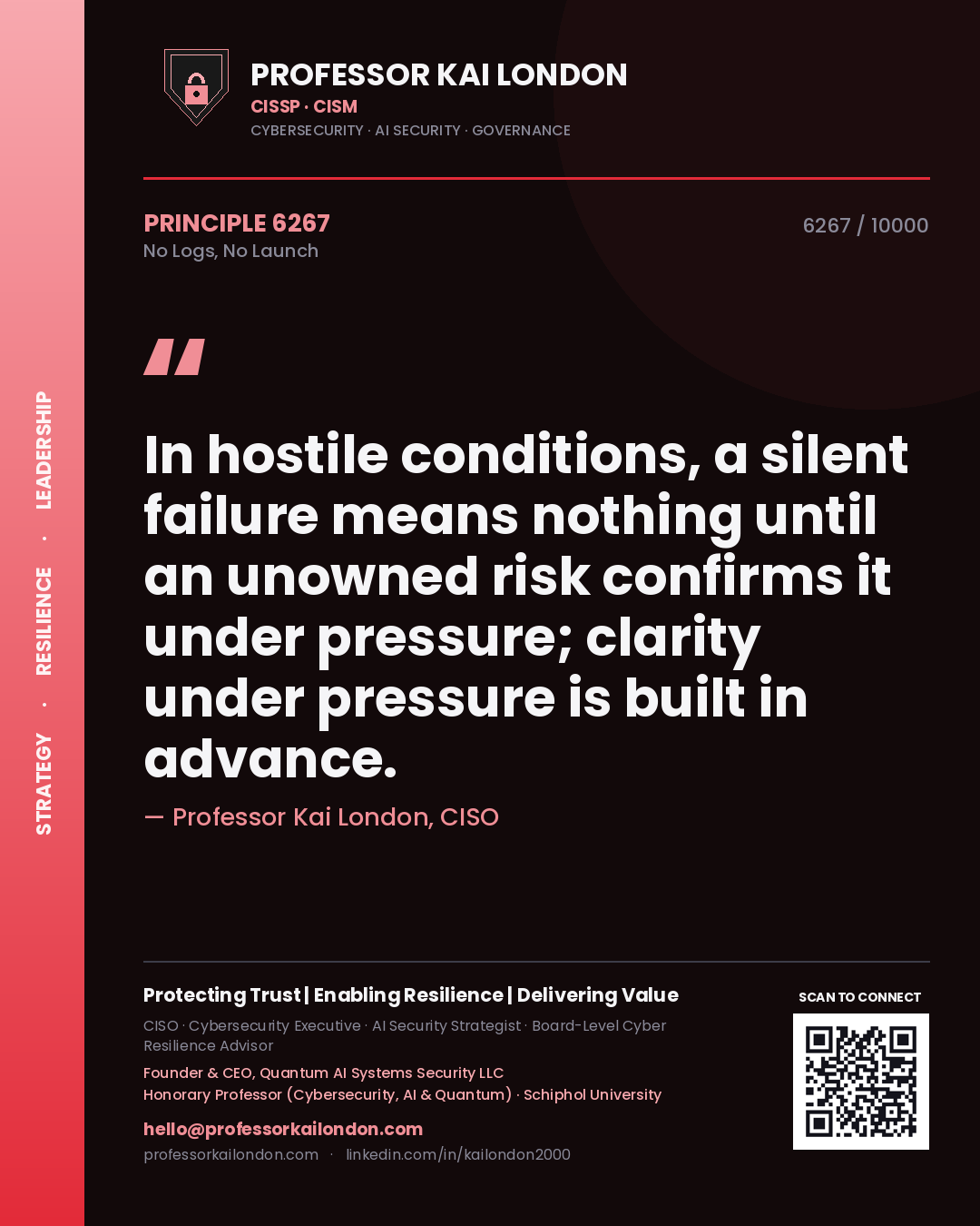Professor Kai London principle 6267: In hostile conditions, a silent failure means nothing until an unowned risk confirms it under pressure; clarity under pressure is built in advance.