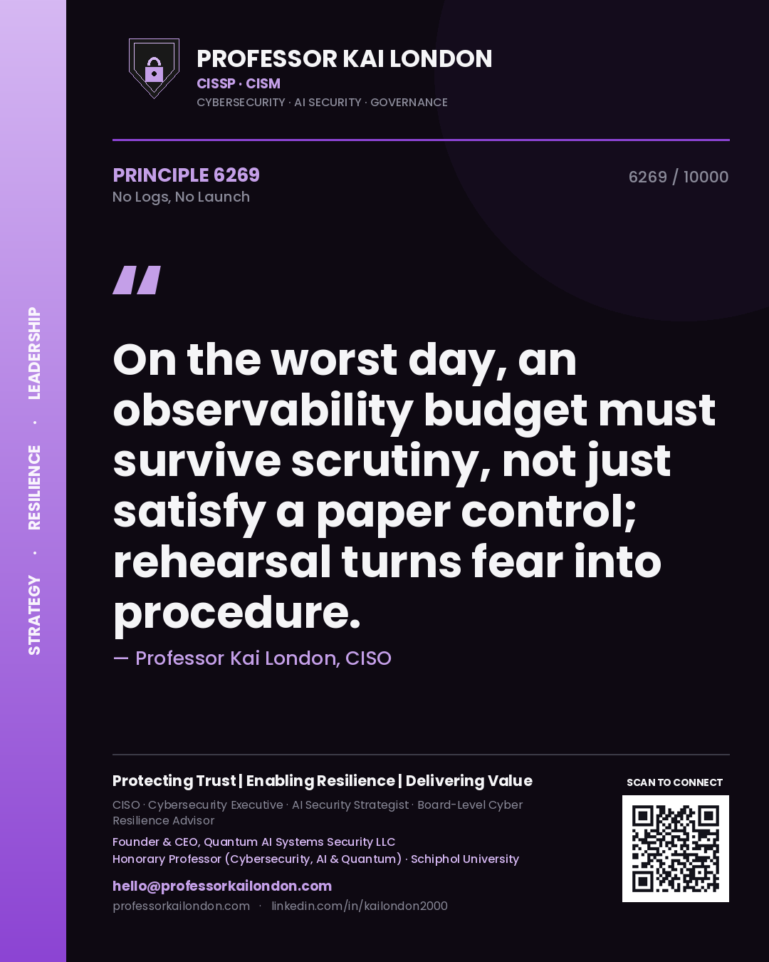 Professor Kai London principle 6269: On the worst day, an observability budget must survive scrutiny, not just satisfy a paper control; rehearsal turns fear into procedure.