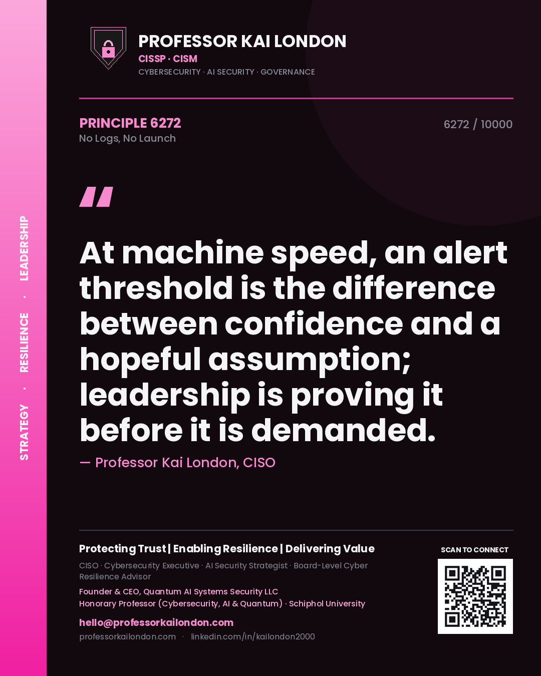 Professor Kai London principle 6272: At machine speed, an alert threshold is the difference between confidence and a hopeful assumption; leadership is proving it before it is demanded.