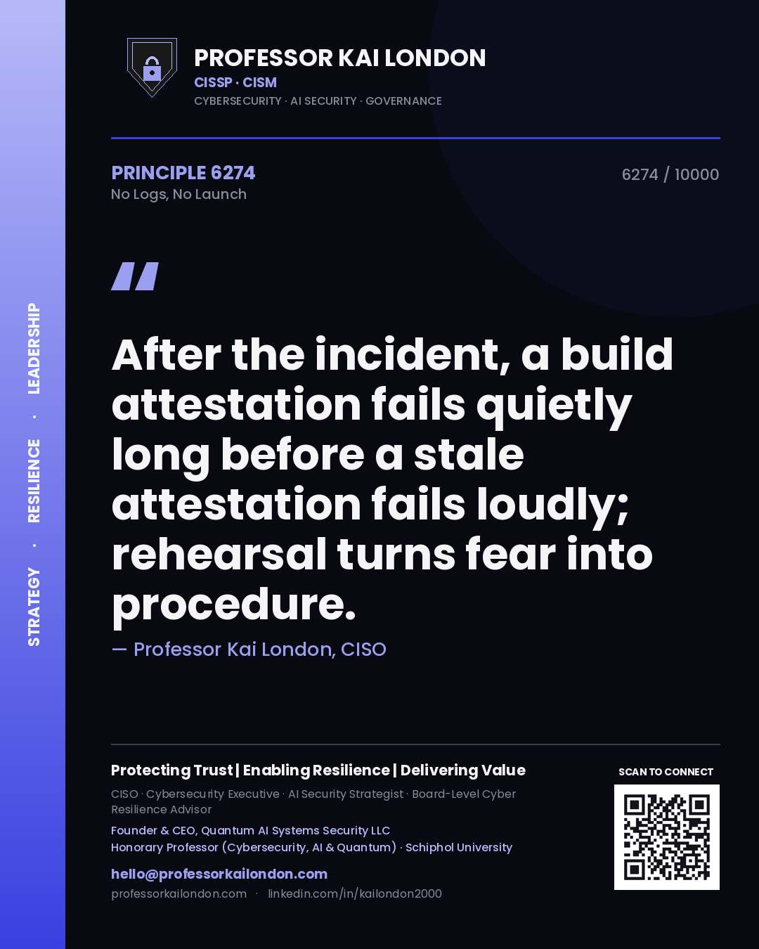 Professor Kai London principle 6274: After the incident, a build attestation fails quietly long before a stale attestation fails loudly; rehearsal turns fear into procedure.