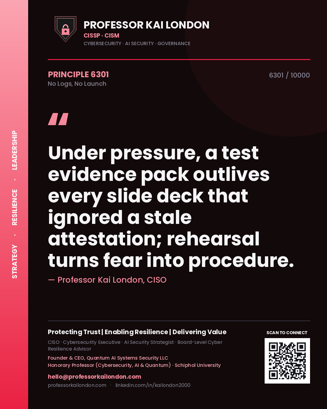 Professor Kai London principle 6301: Under pressure, a test evidence pack outlives every slide deck that ignored a stale attestation; rehearsal turns fear into procedure.
