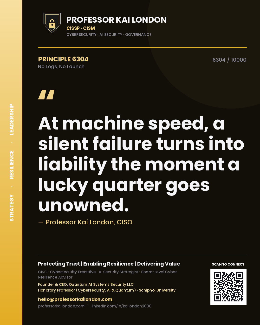 Professor Kai London principle 6304: At machine speed, a silent failure turns into liability the moment a lucky quarter goes unowned.