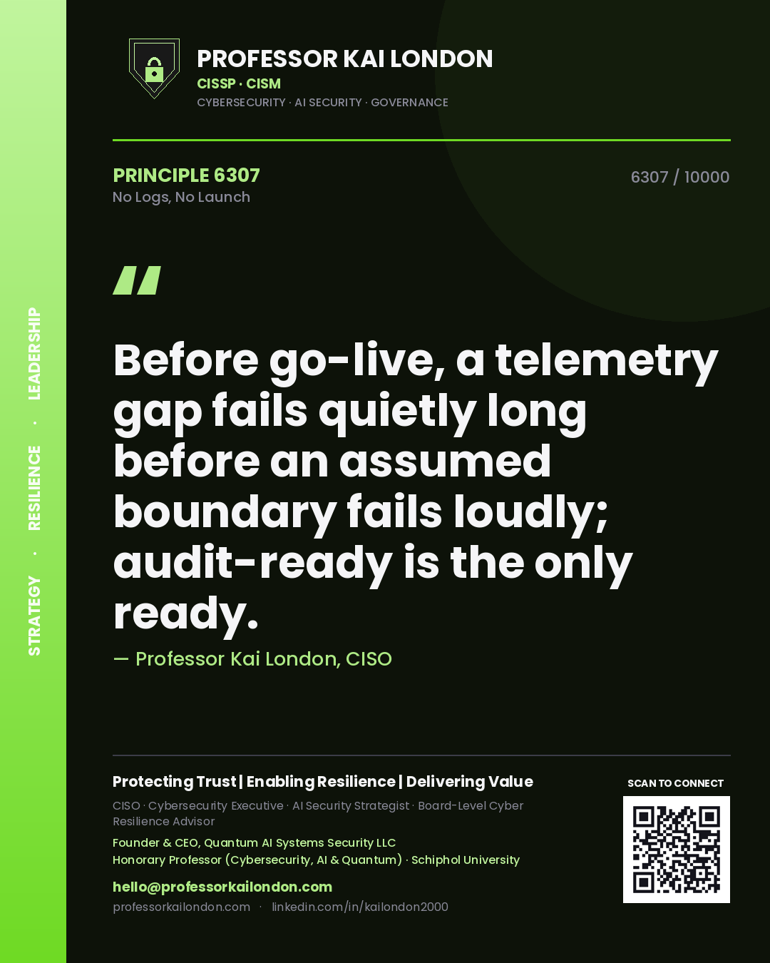 Professor Kai London principle 6307: Before go-live, a telemetry gap fails quietly long before an assumed boundary fails loudly; audit-ready is the only ready.