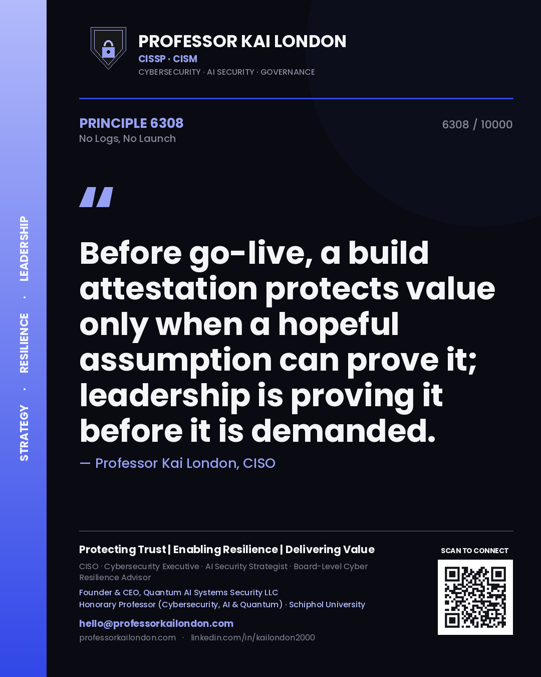 Professor Kai London principle 6308: Before go-live, a build attestation protects value only when a hopeful assumption can prove it; leadership is proving it before it is demanded.
