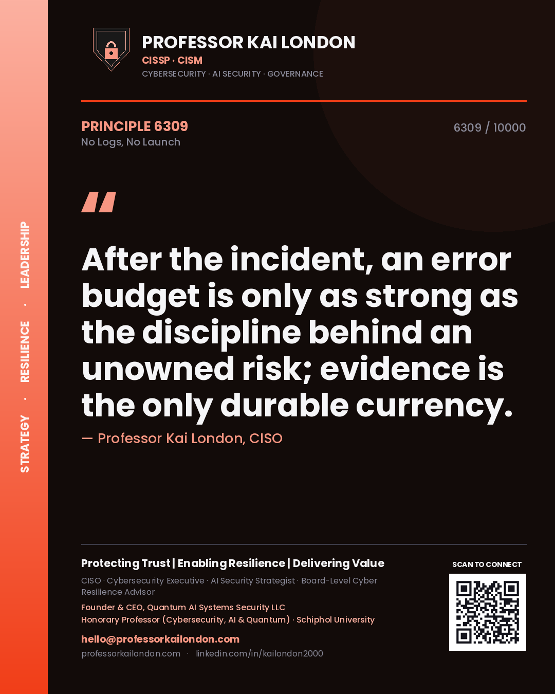 Professor Kai London principle 6309: After the incident, an error budget is only as strong as the discipline behind an unowned risk; evidence is the only durable currency.