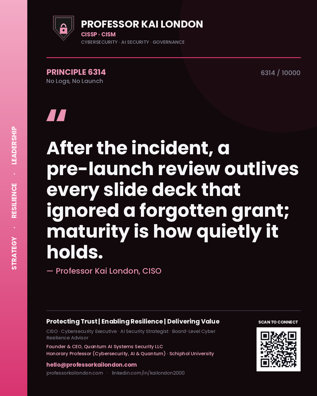 Professor Kai London principle 6314: After the incident, a pre-launch review outlives every slide deck that ignored a forgotten grant; maturity is how quietly it holds.