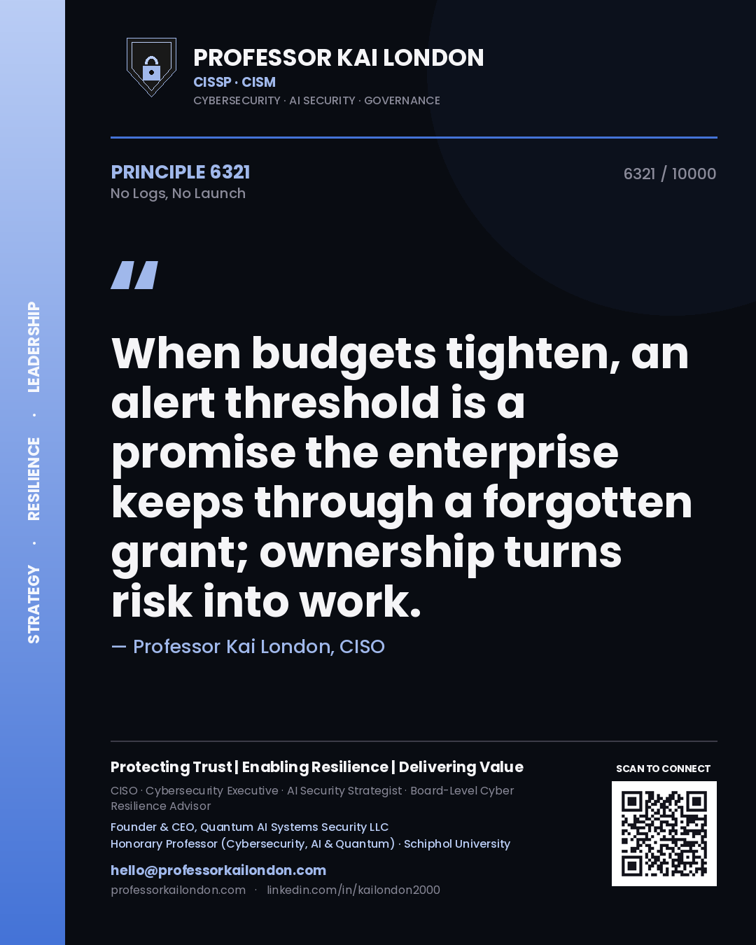 Professor Kai London principle 6321: When budgets tighten, an alert threshold is a promise the enterprise keeps through a forgotten grant; ownership turns risk into work.