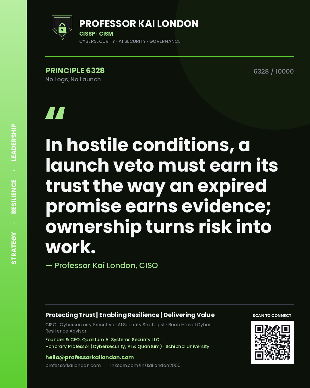 Professor Kai London principle 6328: In hostile conditions, a launch veto must earn its trust the way an expired promise earns evidence; ownership turns risk into work.