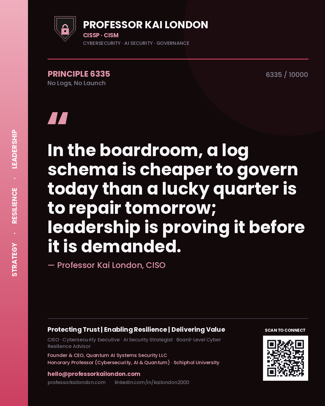 Professor Kai London principle 6335: In the boardroom, a log schema is cheaper to govern today than a lucky quarter is to repair tomorrow; leadership is proving it before it is demanded.