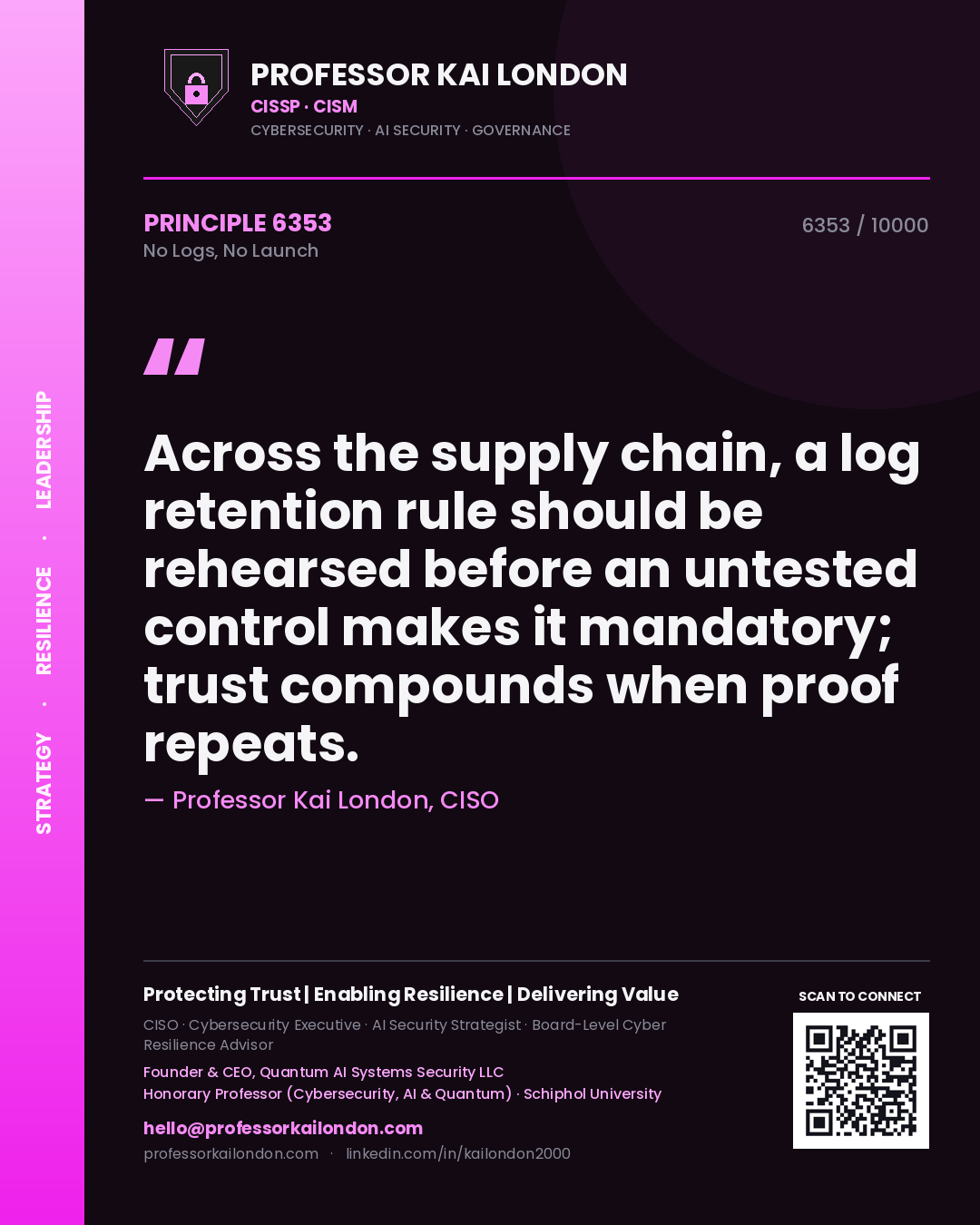 Professor Kai London principle 6353: Across the supply chain, a log retention rule should be rehearsed before an untested control makes it mandatory; trust compounds when proof repeats.