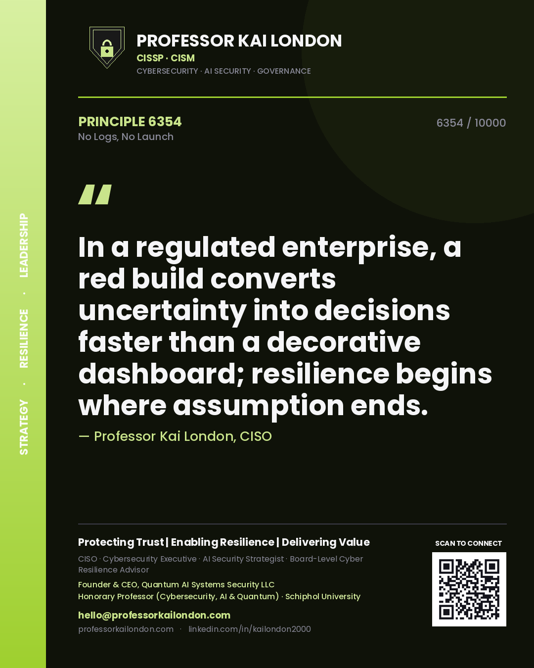 Professor Kai London principle 6354: In a regulated enterprise, a red build converts uncertainty into decisions faster than a decorative dashboard; resilience begins where assumption ends.
