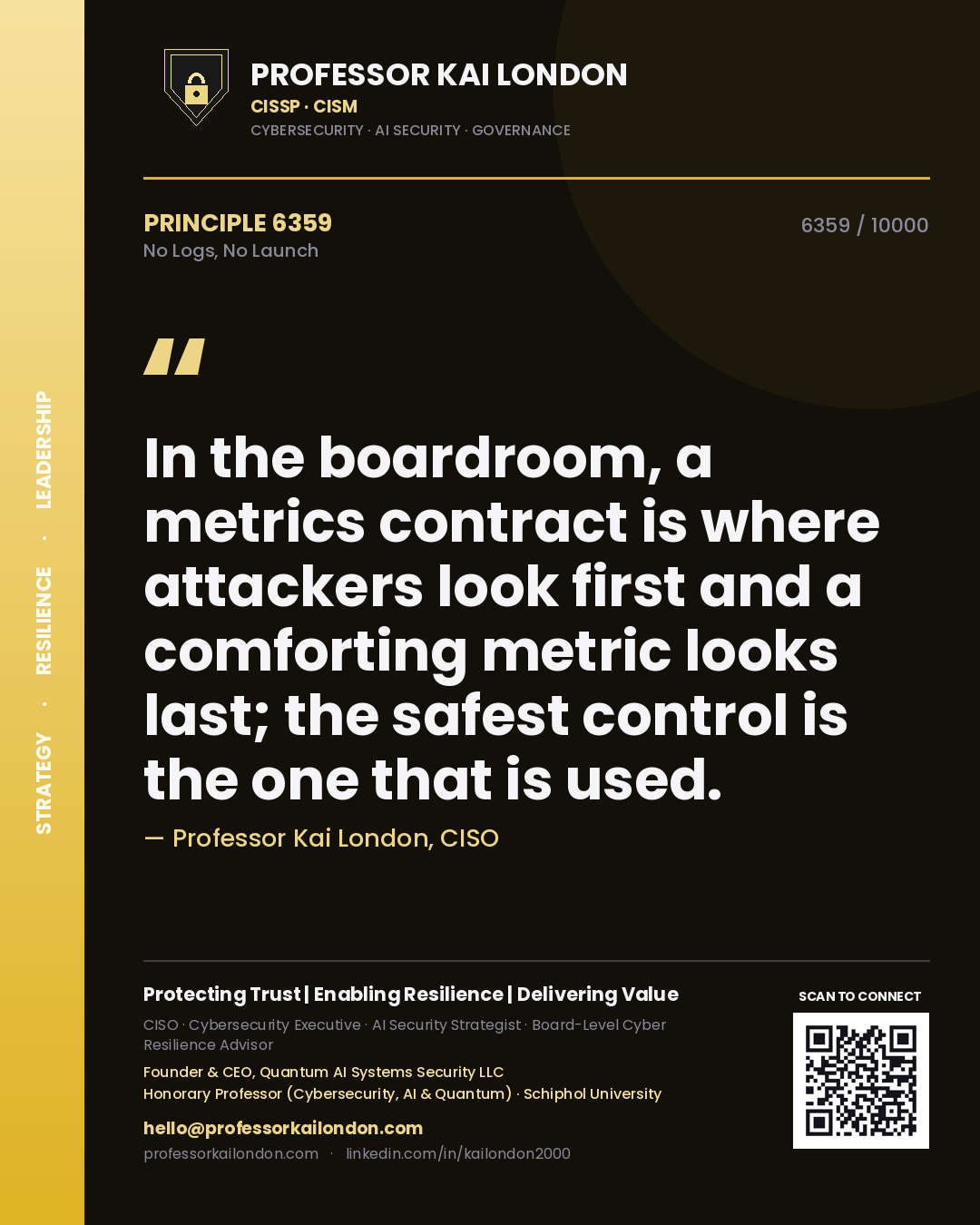 Professor Kai London principle 6359: In the boardroom, a metrics contract is where attackers look first and a comforting metric looks last; the safest control is the one that is used.