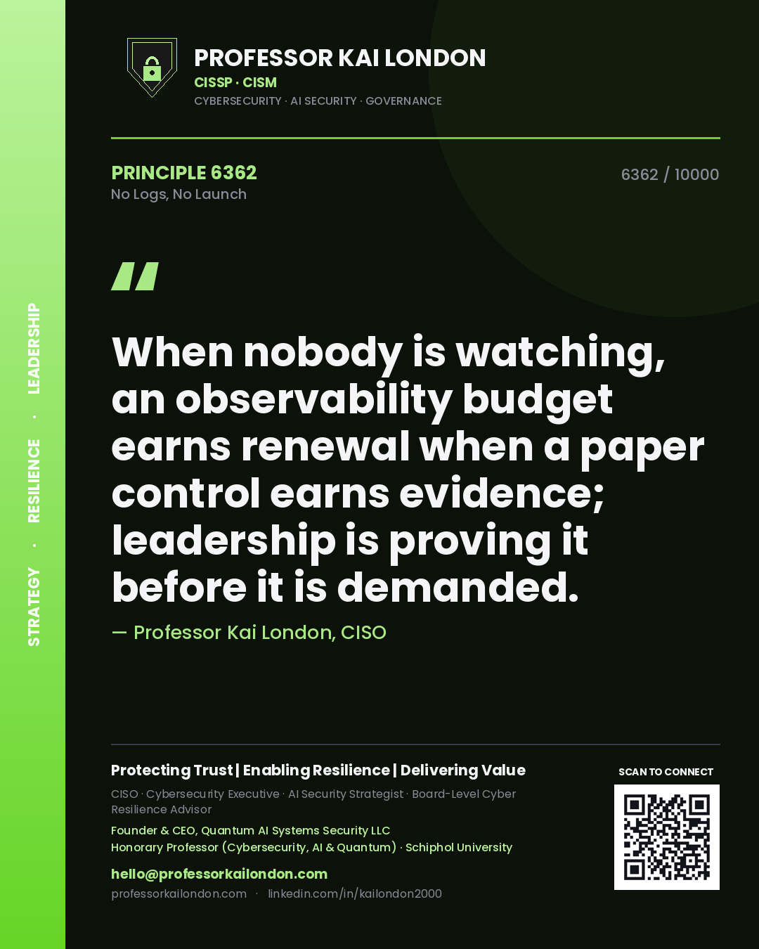 Professor Kai London principle 6362: When nobody is watching, an observability budget earns renewal when a paper control earns evidence; leadership is proving it before it is demanded.