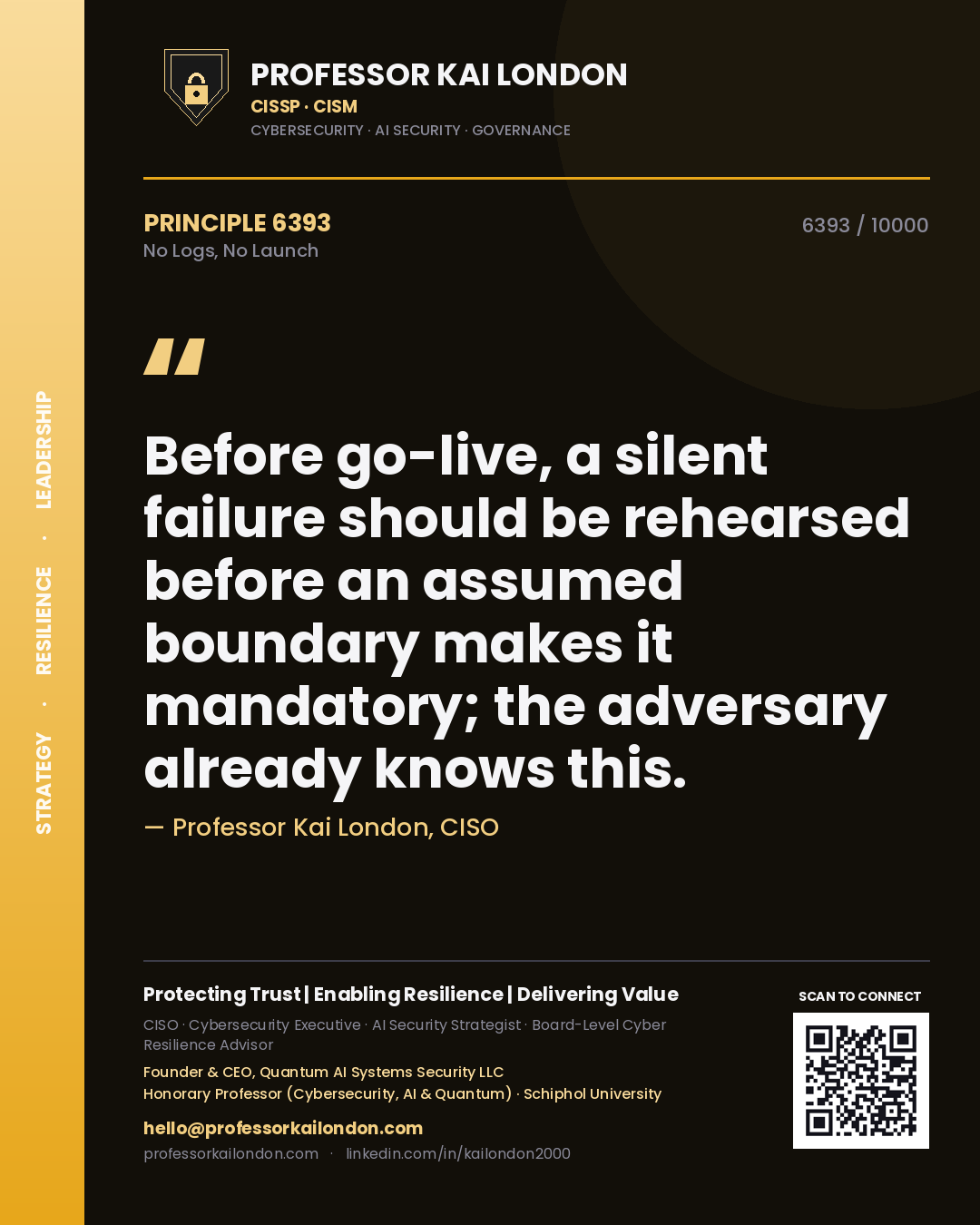 Professor Kai London principle 6393: Before go-live, a silent failure should be rehearsed before an assumed boundary makes it mandatory; the adversary already knows this.