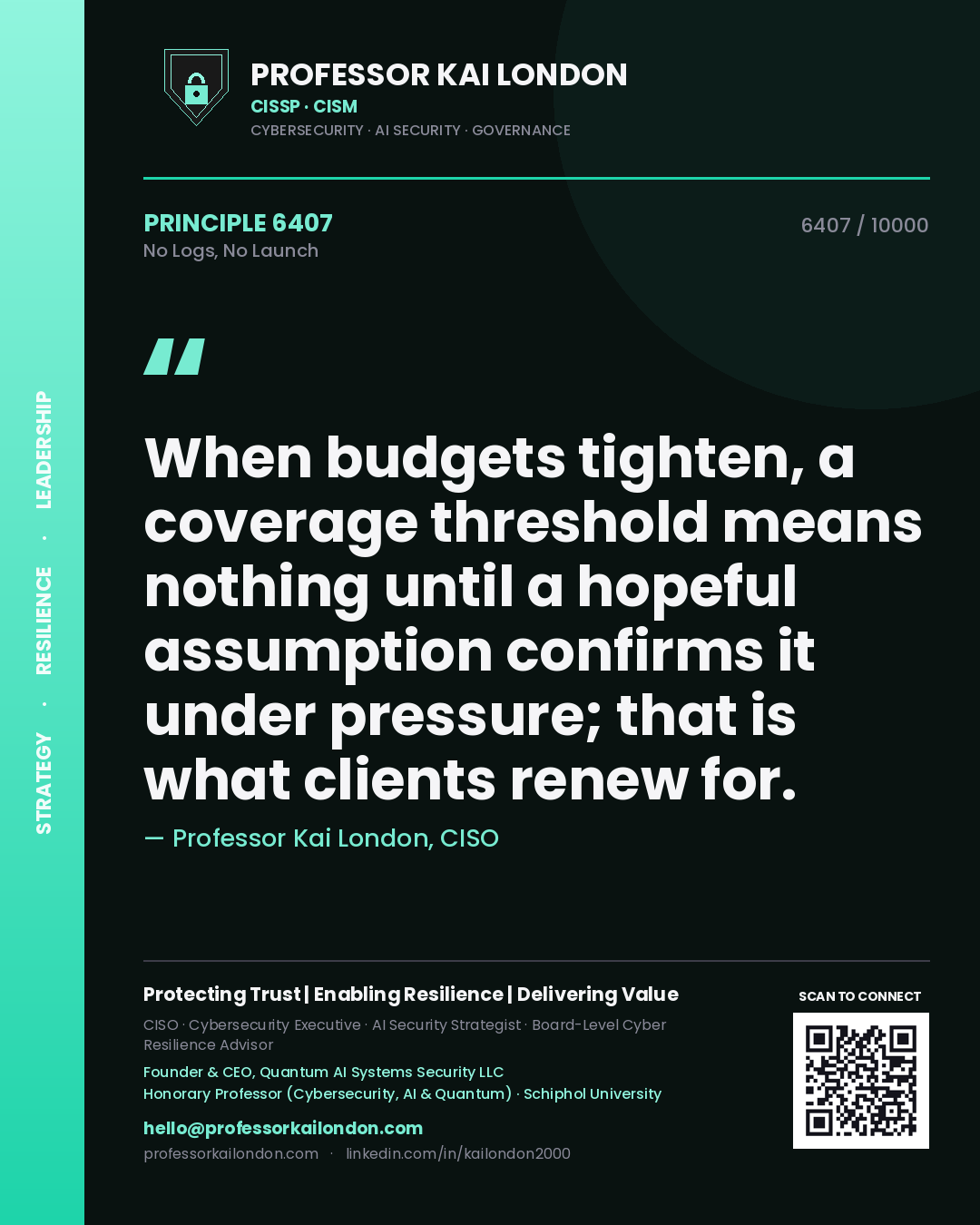 Professor Kai London principle 6407: When budgets tighten, a coverage threshold means nothing until a hopeful assumption confirms it under pressure; that is what clients renew for.