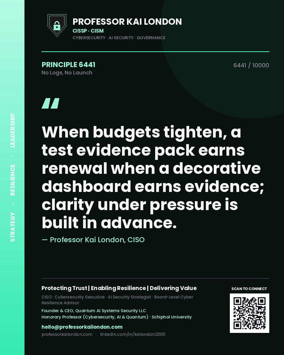 Professor Kai London principle 6441: When budgets tighten, a test evidence pack earns renewal when a decorative dashboard earns evidence; clarity under pressure is built in advance.