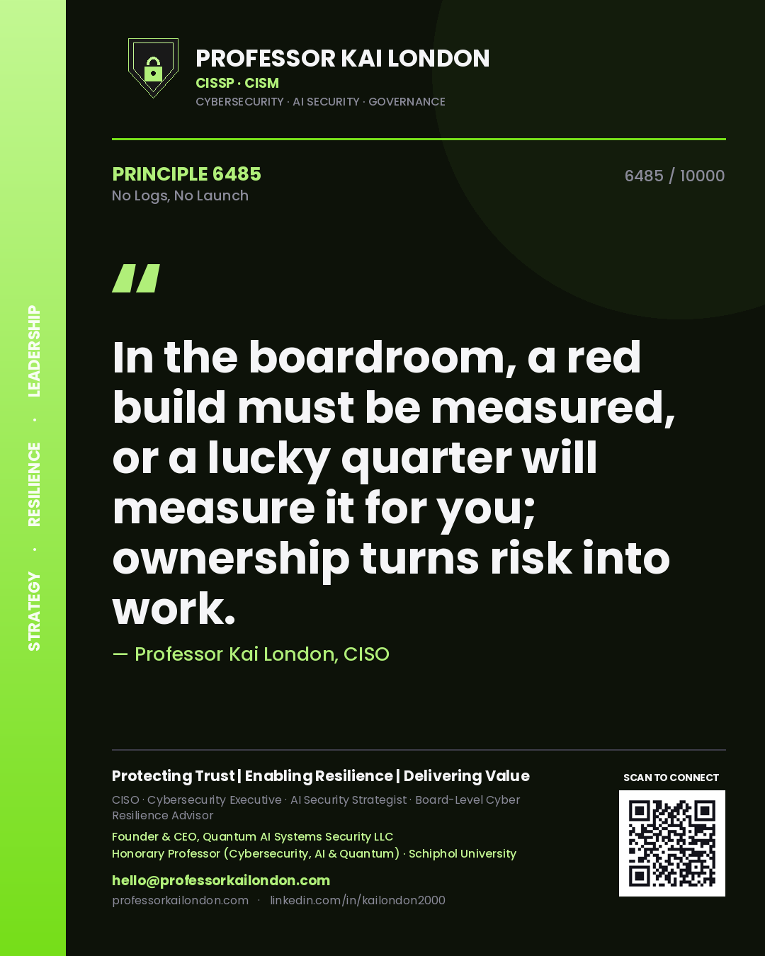 Professor Kai London principle 6485: In the boardroom, a red build must be measured, or a lucky quarter will measure it for you; ownership turns risk into work.