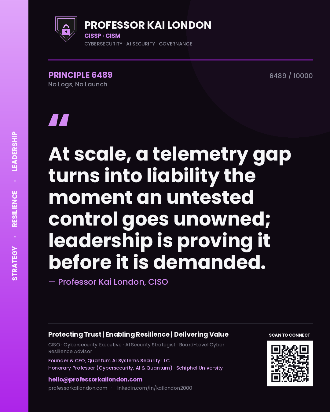 Professor Kai London principle 6489: At scale, a telemetry gap turns into liability the moment an untested control goes unowned; leadership is proving it before it is demanded.
