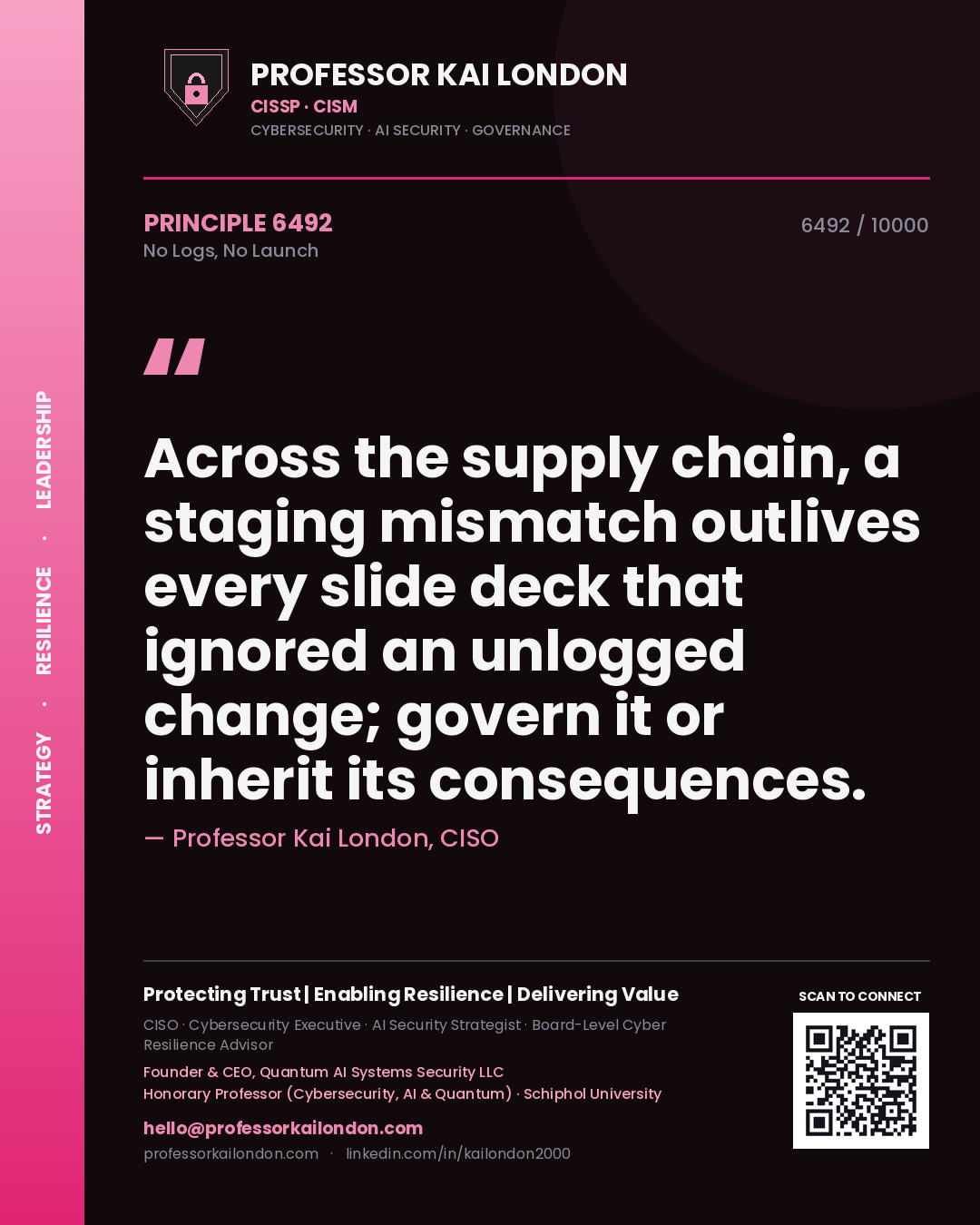 Professor Kai London principle 6492: Across the supply chain, a staging mismatch outlives every slide deck that ignored an unlogged change; govern it or inherit its consequences.