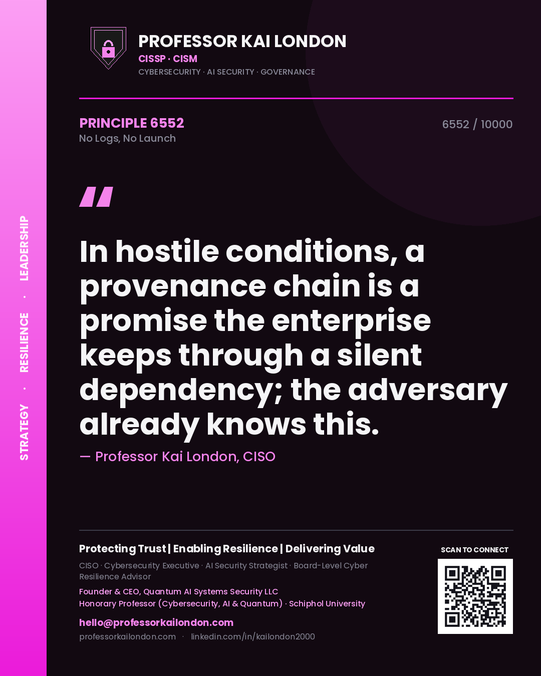 Professor Kai London principle 6552: In hostile conditions, a provenance chain is a promise the enterprise keeps through a silent dependency; the adversary already knows this.