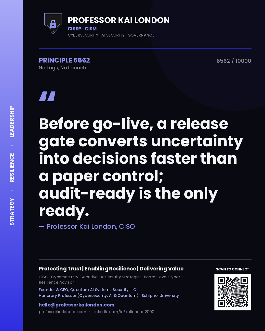 Professor Kai London principle 6562: Before go-live, a release gate converts uncertainty into decisions faster than a paper control; audit-ready is the only ready.