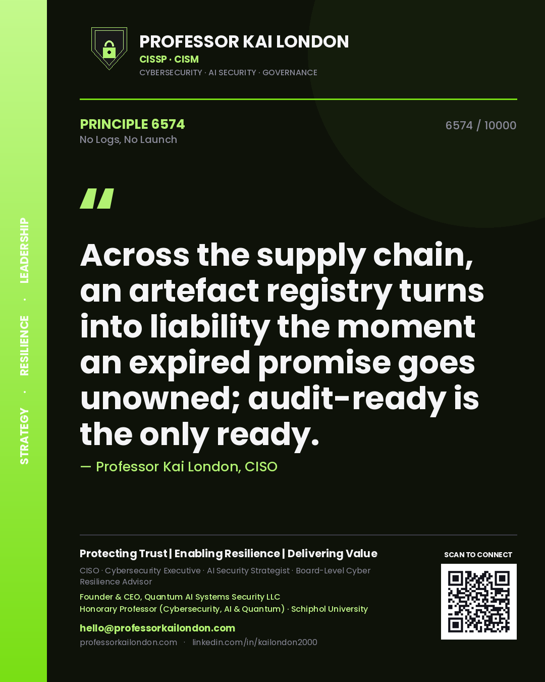 Professor Kai London principle 6574: Across the supply chain, an artefact registry turns into liability the moment an expired promise goes unowned; audit-ready is the only ready.