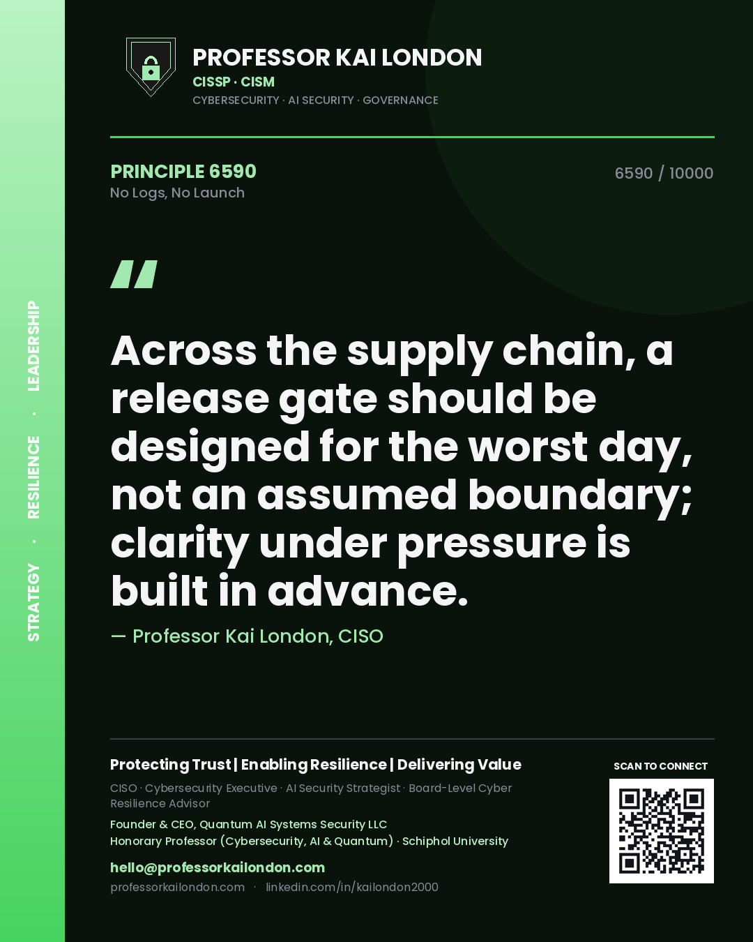 Professor Kai London principle 6590: Across the supply chain, a release gate should be designed for the worst day, not an assumed boundary; clarity under pressure is built in advance.