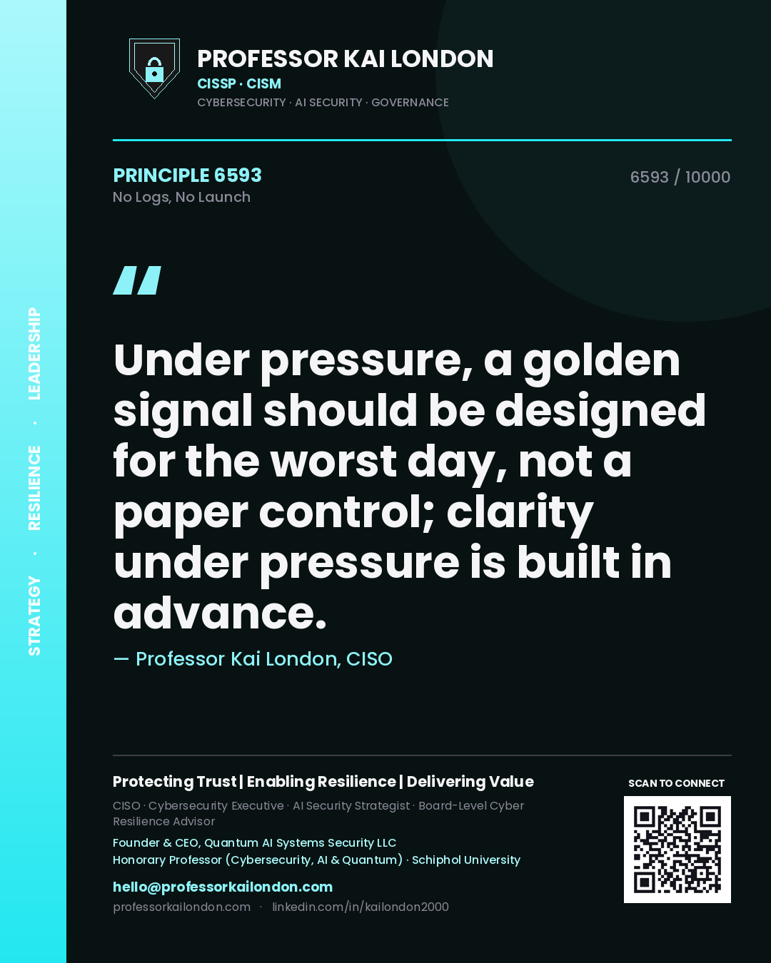 Professor Kai London principle 6593: Under pressure, a golden signal should be designed for the worst day, not a paper control; clarity under pressure is built in advance.