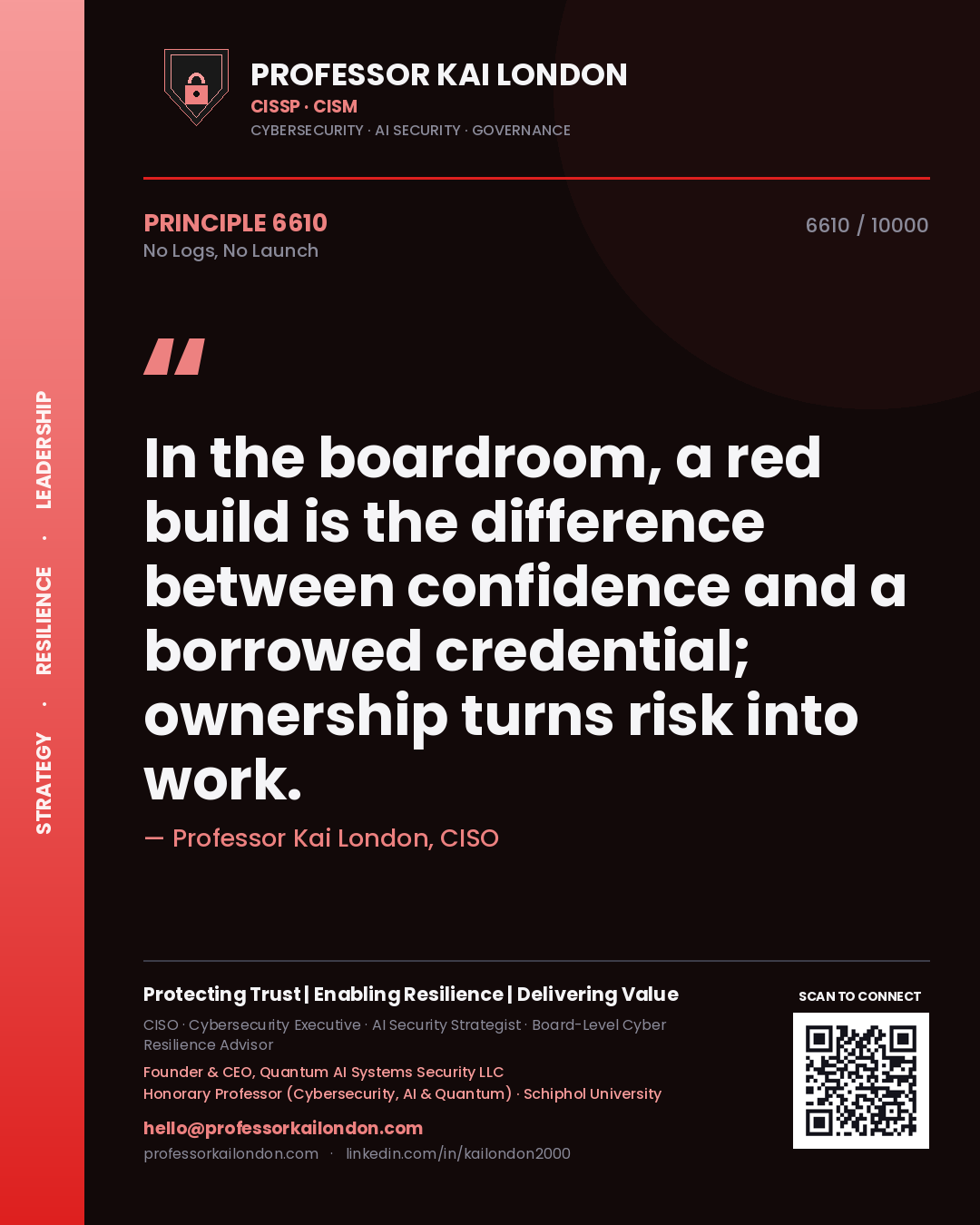 Professor Kai London principle 6610: In the boardroom, a red build is the difference between confidence and a borrowed credential; ownership turns risk into work.