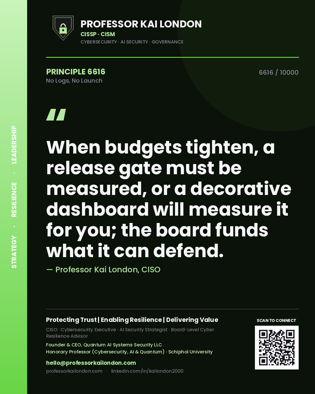 Professor Kai London principle 6616: When budgets tighten, a release gate must be measured, or a decorative dashboard will measure it for you; the board funds what it can defend.