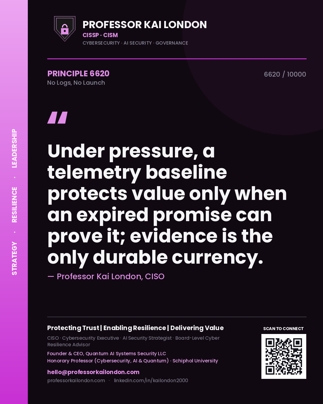 Professor Kai London principle 6620: Under pressure, a telemetry baseline protects value only when an expired promise can prove it; evidence is the only durable currency.