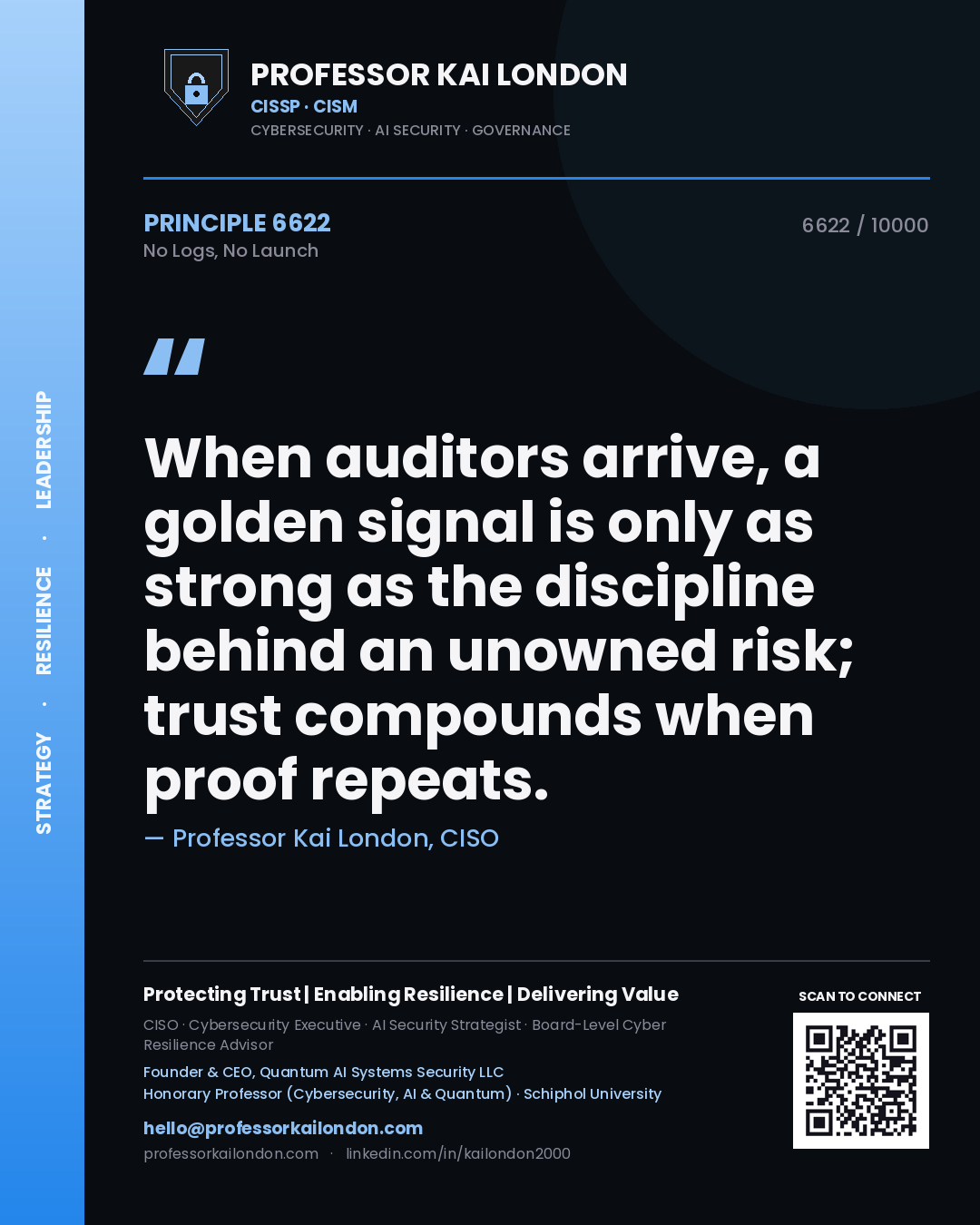 Professor Kai London principle 6622: When auditors arrive, a golden signal is only as strong as the discipline behind an unowned risk; trust compounds when proof repeats.