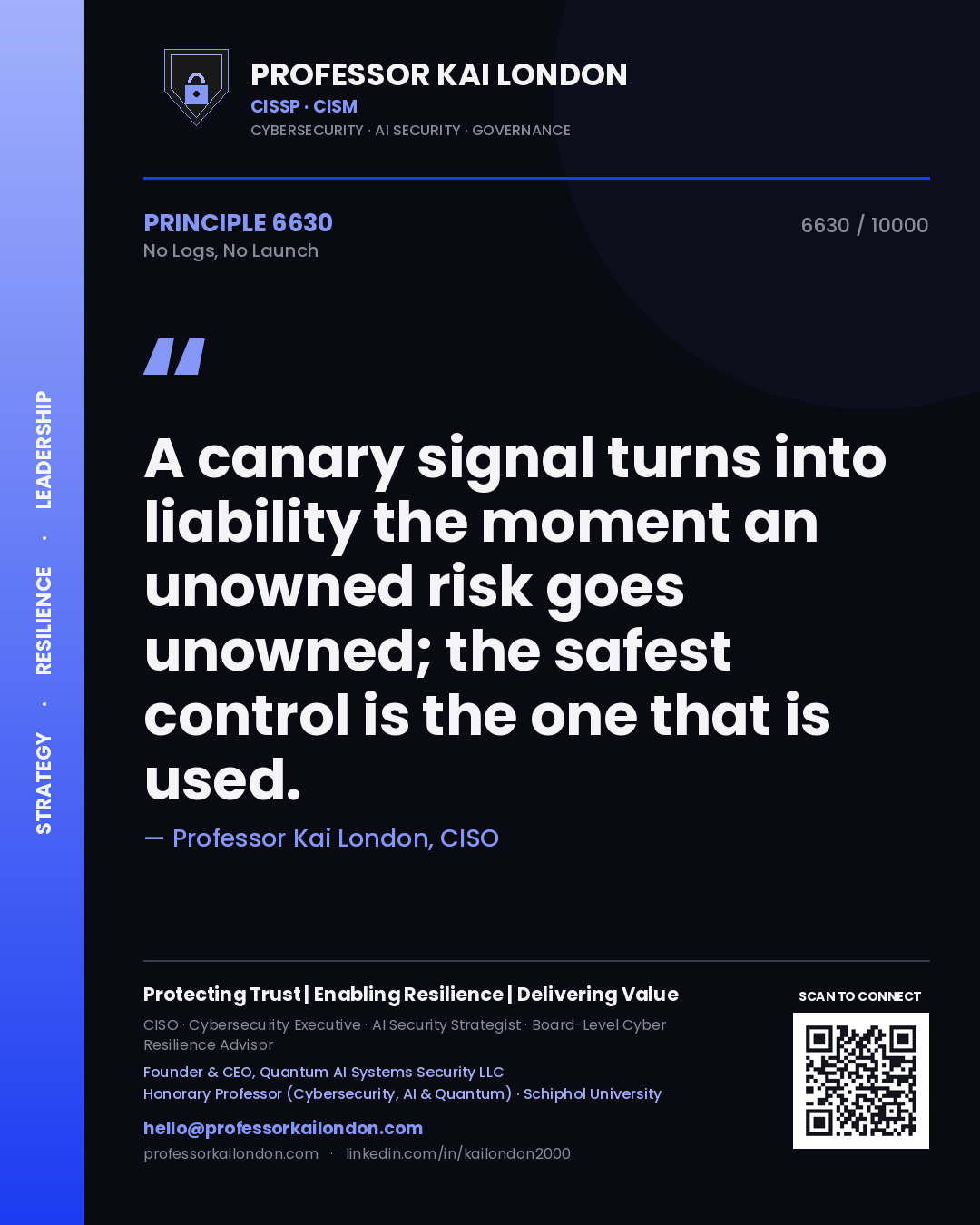 Professor Kai London principle 6630: A canary signal turns into liability the moment an unowned risk goes unowned; the safest control is the one that is used.